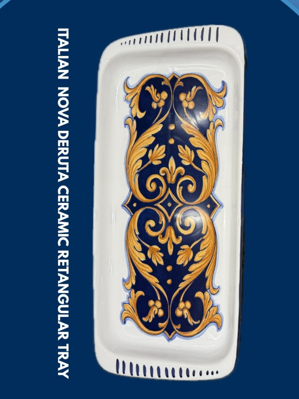 Hand-Painted Ceramic Serving Tray with Blue and Gold Scrollwork